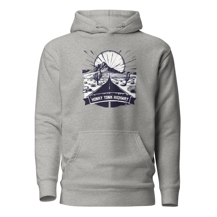 carbon-grey-Hoodie with-Honky-Tonk-Highway-design for unisex