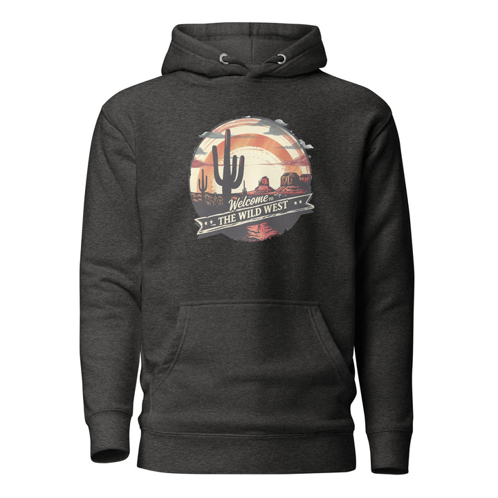 charcoal-heather-Hoodie with-Welcome To The Wild West-design for unisex