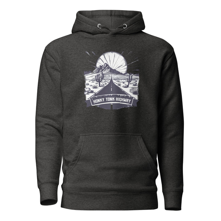 charcoal-Hoodie with-Honky-Tonk-Highway-design for unisex