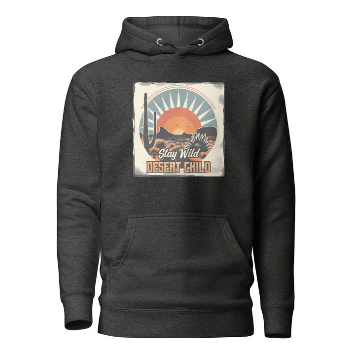 charcoal-heather-Hoodie with-Stay-Wild-Desert-Child-design for unisex