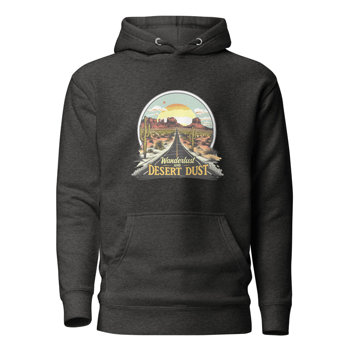 charcoal-heather-Hoodie with-Wanderlust-And-Desert-Dust-design for unisex