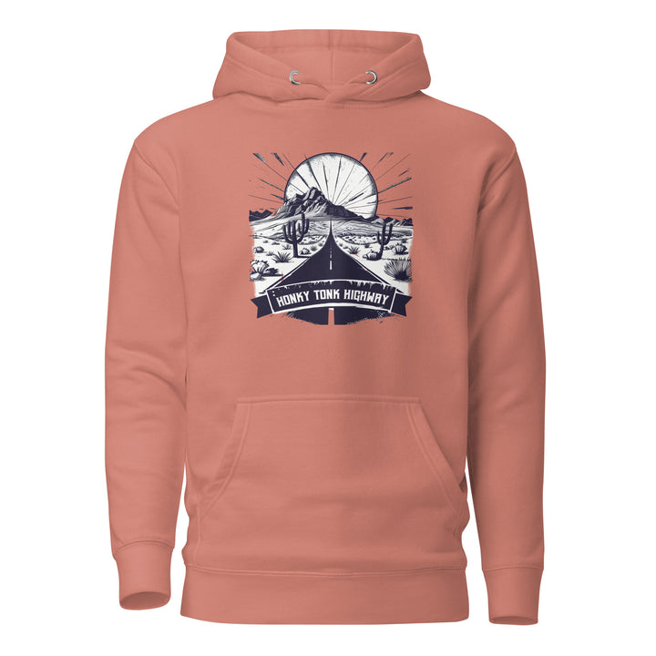 dusty-rose-Hoodie with-Honky-Tonk-Highway-design for unisex