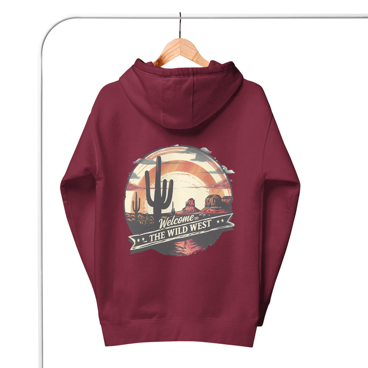 maroon-Hoodie with- A, Welcome To The Wild West-design for unisex