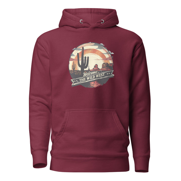 maroon-Hoodie with-Welcome To The Wild West-design for unisex