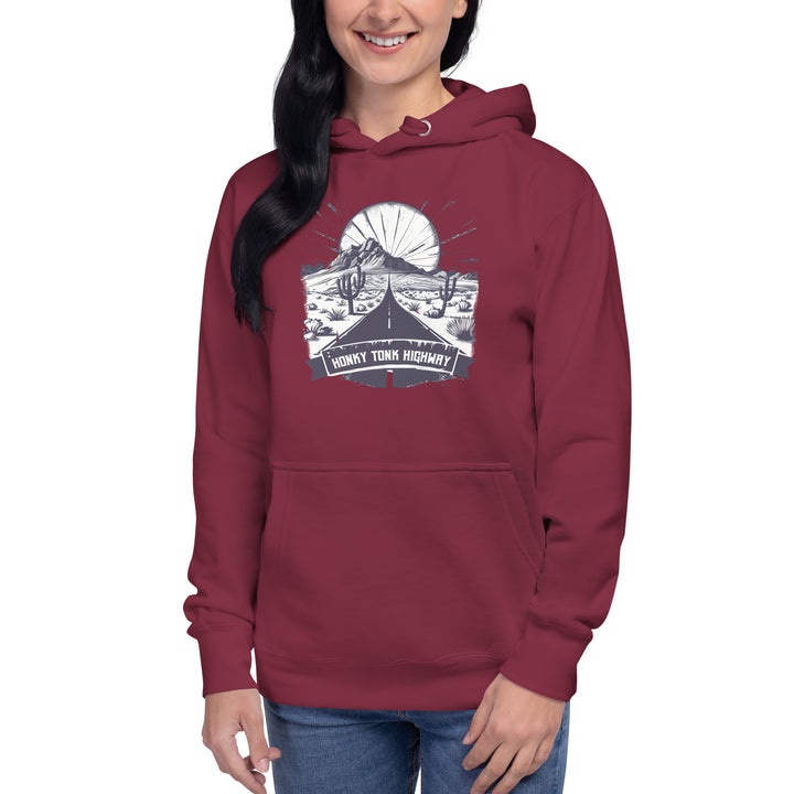 maroon-Hoodie with-Honky-Tonk-Highway-design for unisex