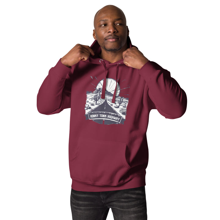 maroon-Hoodie with-Honky-Tonk-Highway-design for unisex