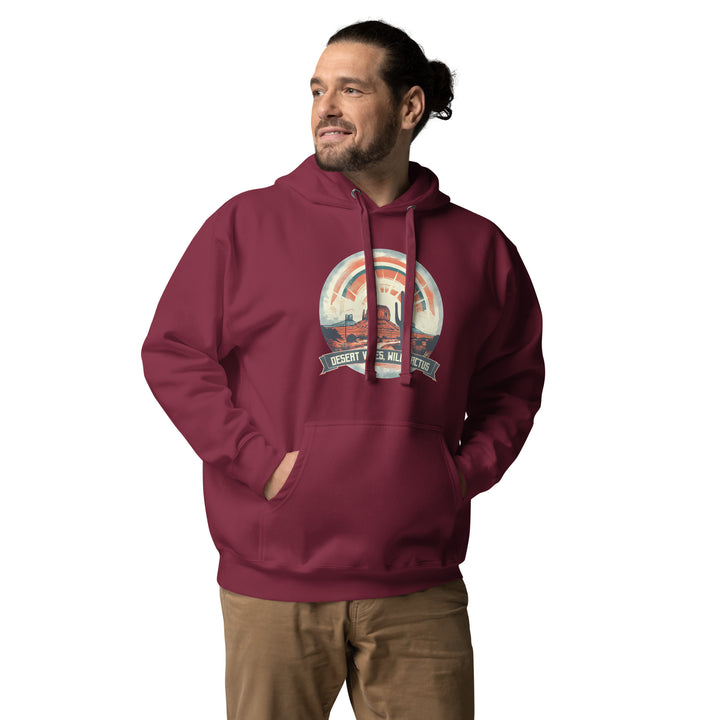 maroon-Hoodie with-Desert Vibes, Wild Cactus-design for unisex