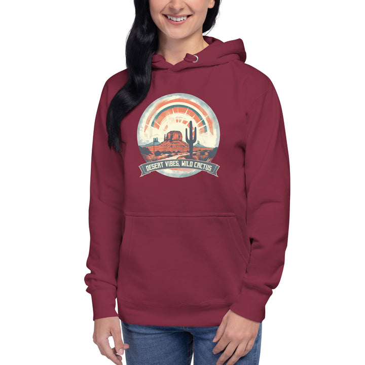 maroon-Hoodie with-Desert Vibes, Wild Cactus-design for unisex