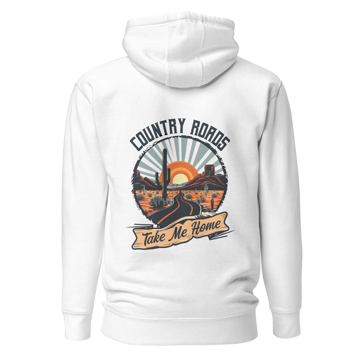 white-Hoodie with-Country Roads Take Me Home-design for unisex