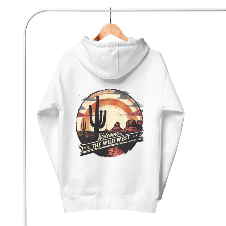 white-Hoodie with- A, Welcome To The Wild West-design for unisex