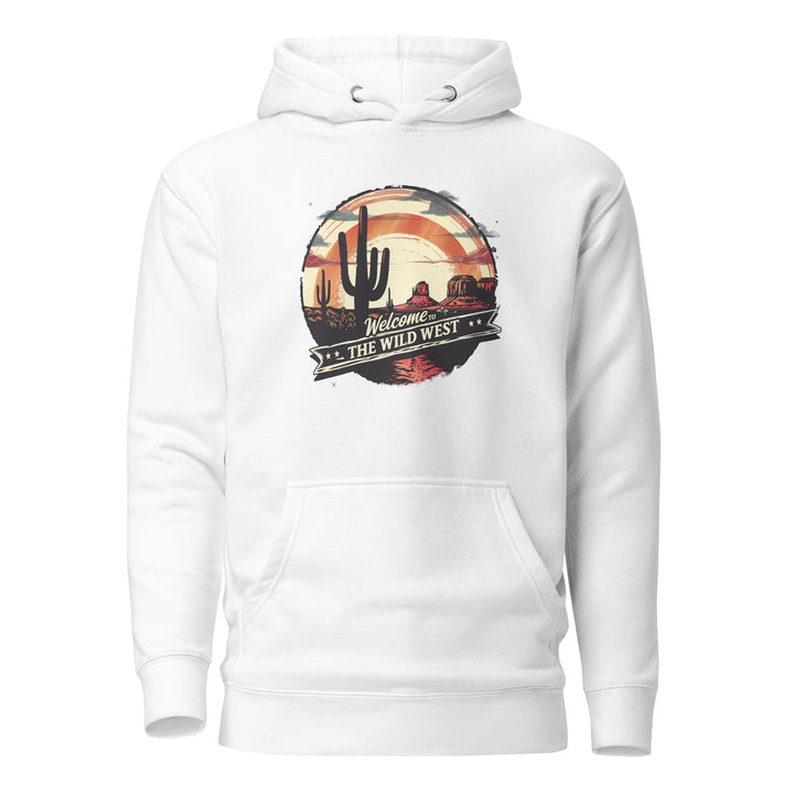 white-Hoodie with-Welcome To The Wild West-design for unisex