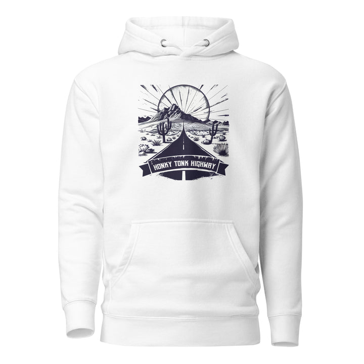 white-Hoodie with-Honky-Tonk-Highway-design for unisex