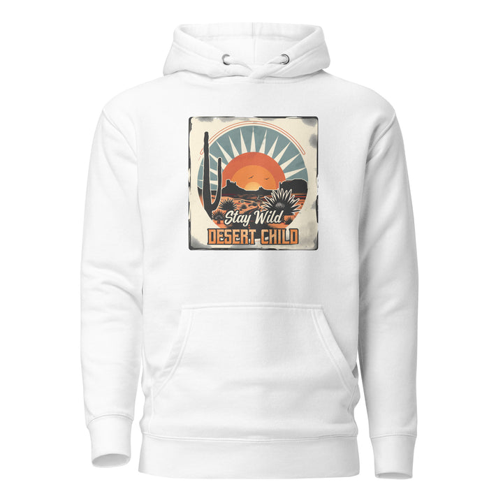 white-Hoodie with-Stay-Wild-Desert-Child-design for unisex