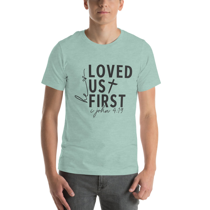 heather-prism-dusty-blue-T-Shirt with-Loved Us First-design for unisex