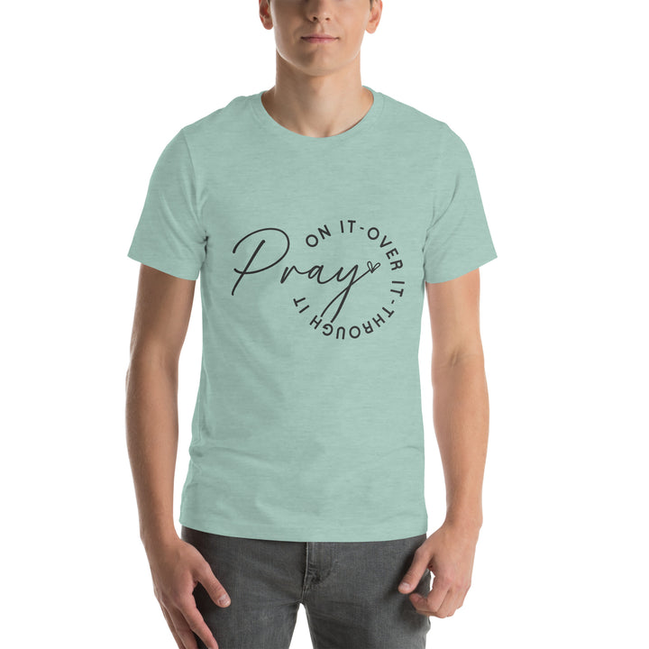 heather-prism-dusty-blue-T-Shirt with-pray on it-design for unisex