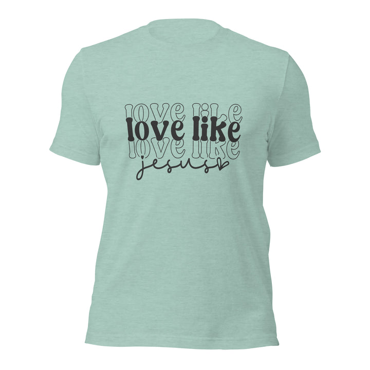 heather-prism-dusty-blue-T-Shirt with-love like Jesus-design for unisex