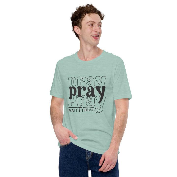 heather-prism-dusty-blue-T-Shirt with-Pray with trust-design for unisex