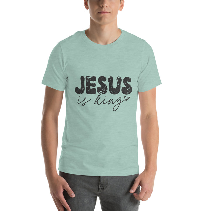 heather-prism-dusty-blue-T-Shirt with-Jesus is king-design for unisex