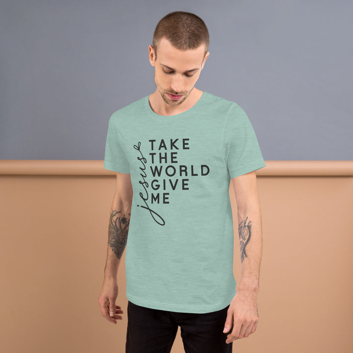 heather-prism-dusty-blueT-Shirt with-Jesus take the-design for unisex