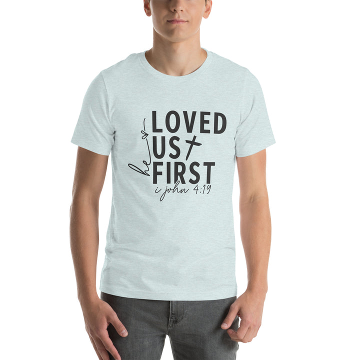 heather-prism-ice-blue-T-Shirt with-Loved Us First-design for unisex