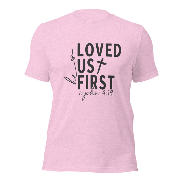 heather-prism-lilac-T-Shirt with-Loved Us First-design for unisex