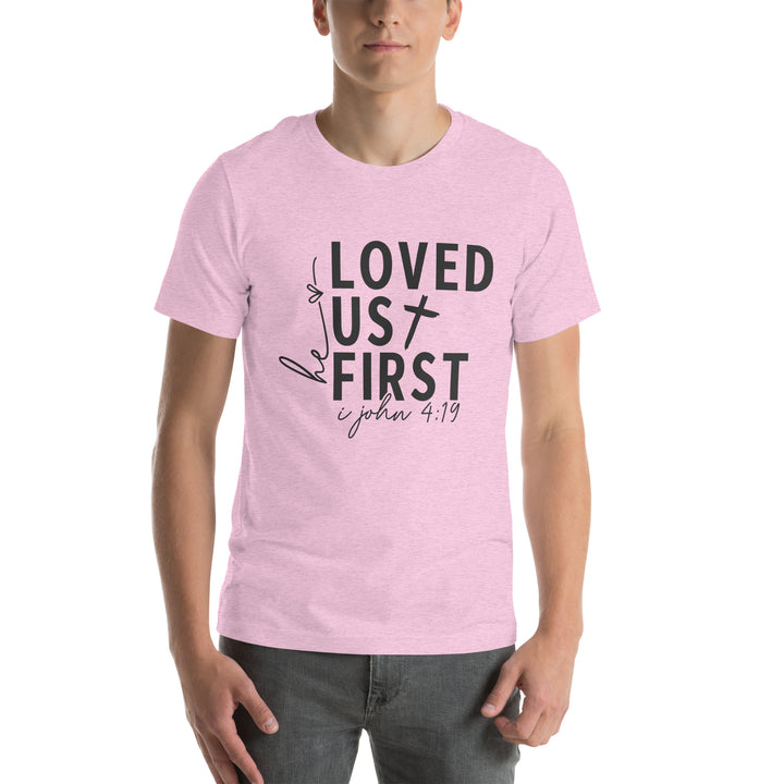 heather-prism-lilac-T-Shirt with-Loved Us First-design for unisex